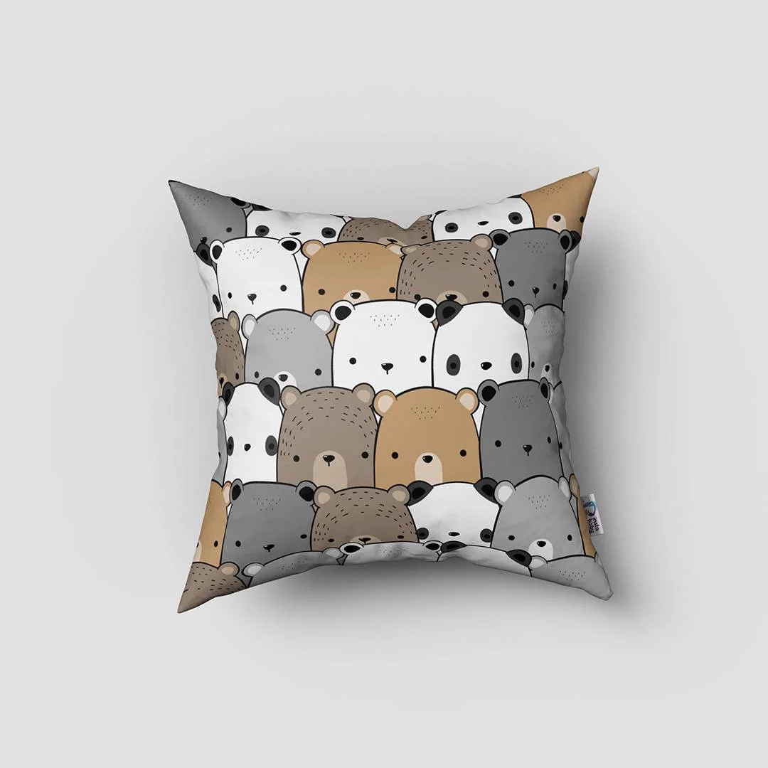 Ayılar Kırlent Kılıfı | Beyaz çizgili, kalpler Desenli