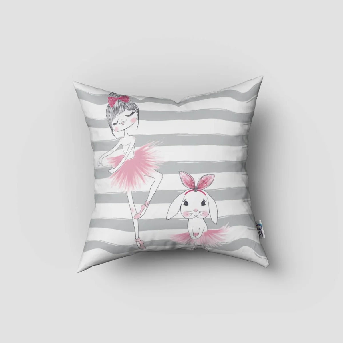Balerin kız ve tavşan Kırlent Kılıfı | Beyaz Yatay gri çizgiler, pembe tütü ve kurdele Desenli
