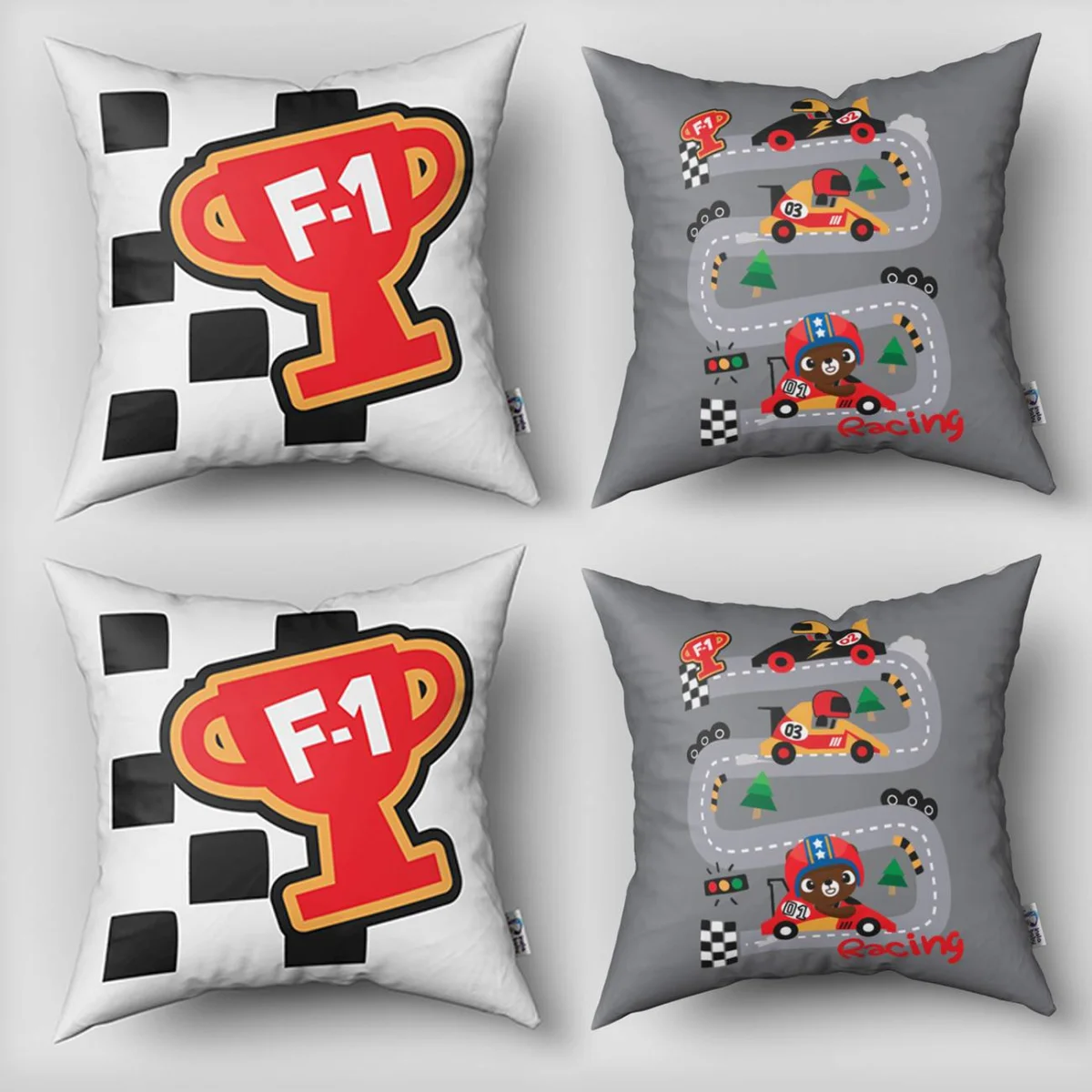 Go-kart yarışı 4lü Kırlent | Gri Yarış pisti, ağaçlar Desenli