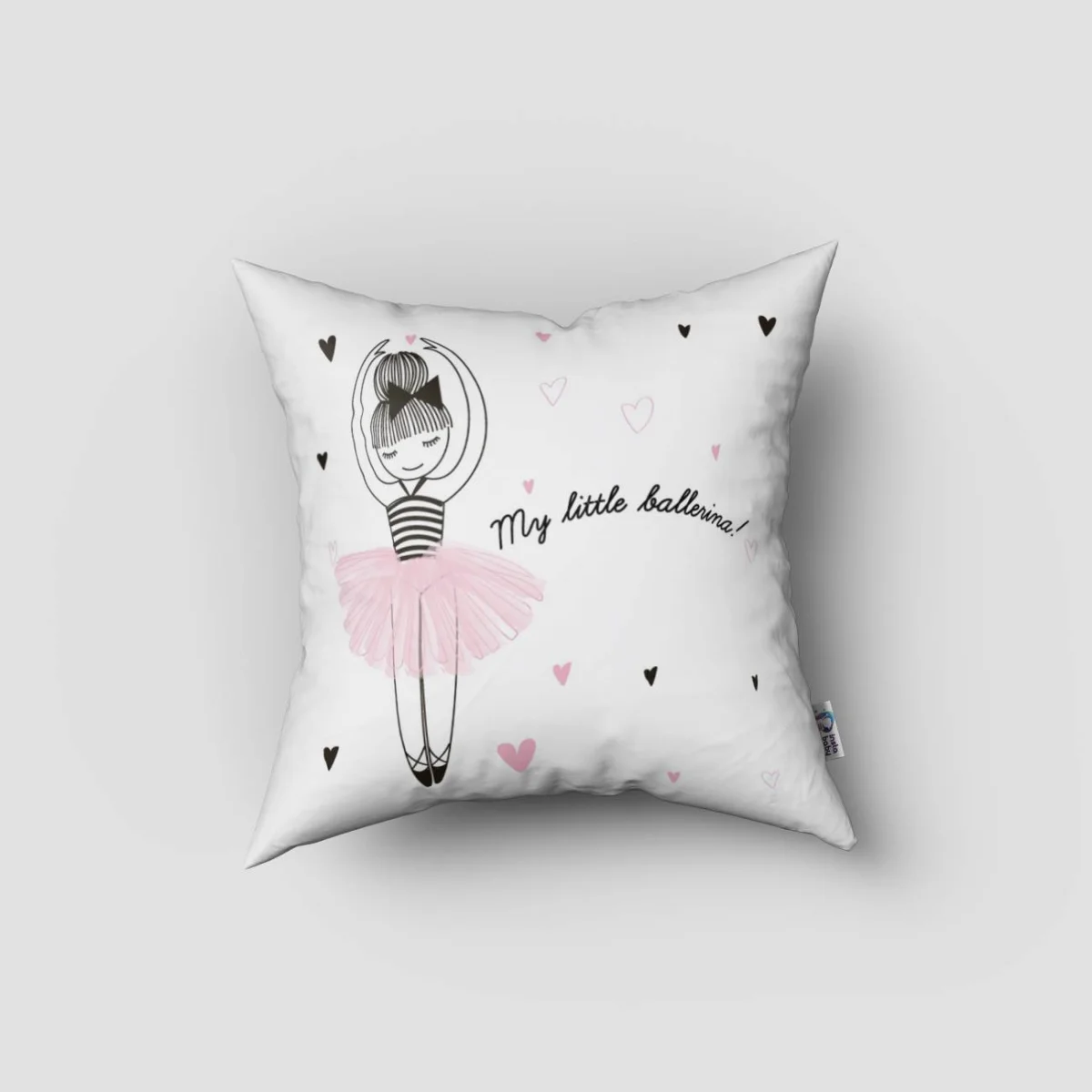 Balerin Kırlent Kılıfı | Beyaz Kalpler, yazı Desenli