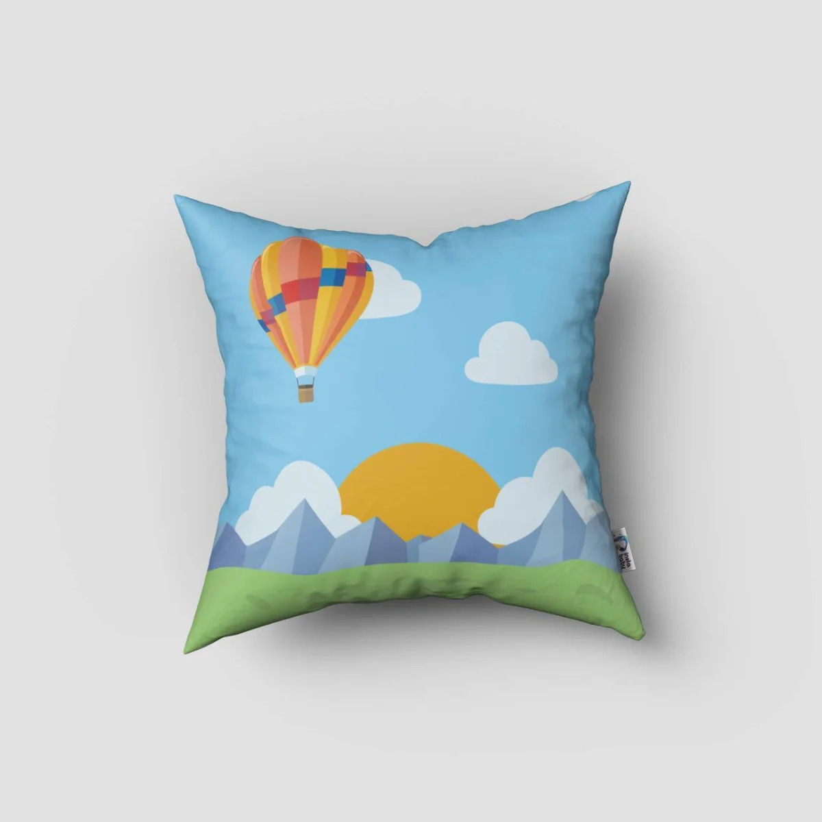 Balonlar Kırlent Kılıfı | Mavi bulut, dağ Desenli