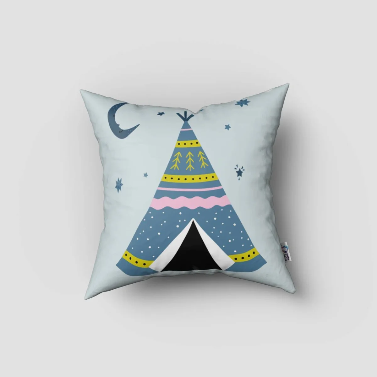 Çadır (Teepee) Kırlent Kılıfı | Mavi Ay, yıldızlar Desenli