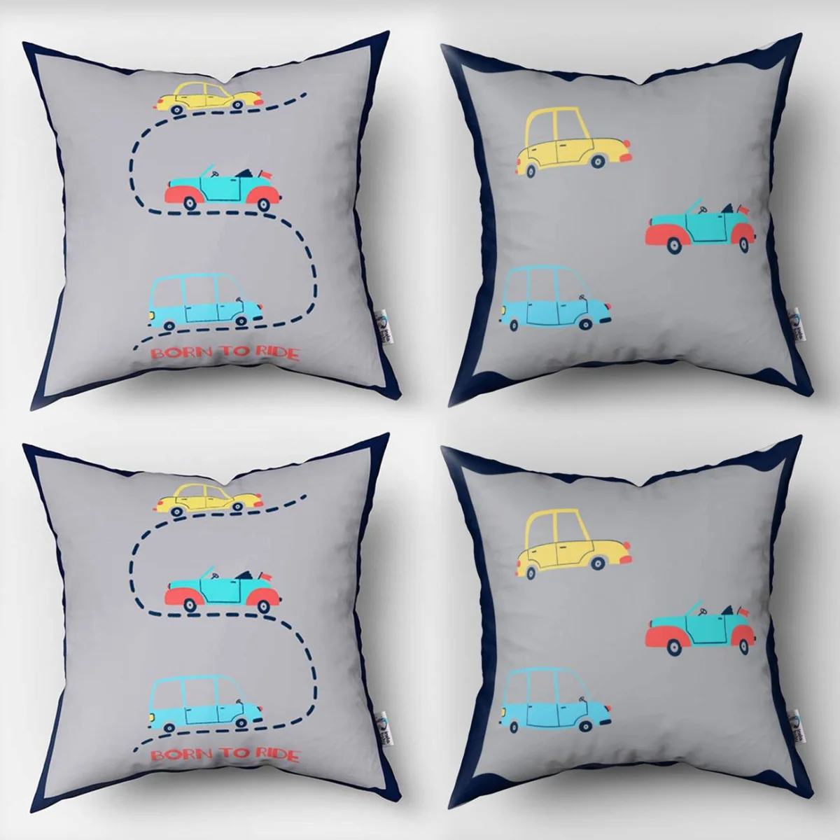 Arabalar 4lü Kırlent | Gri güneş, bulutlar Desenli