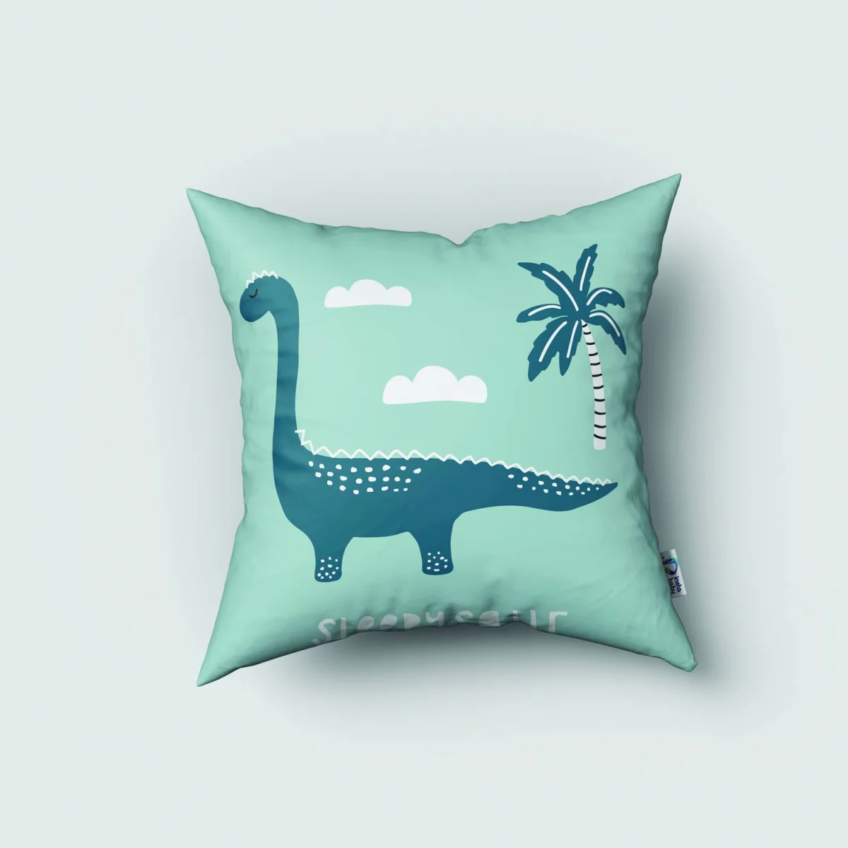 Dinozorlar Kırlent Kılıfı | Açık Mavi Bulutlar, palmiye ağaçları ve yapraklar Desenli