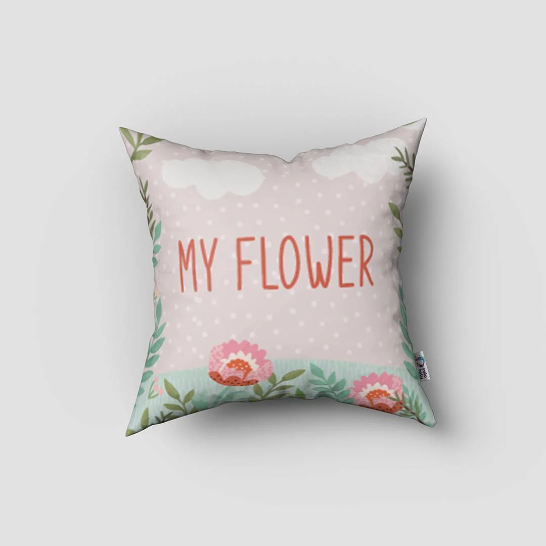 Çiçekli Bahçe Kırlent Kılıfı | Pembe beyaz bulutlar, puantiye Desenli