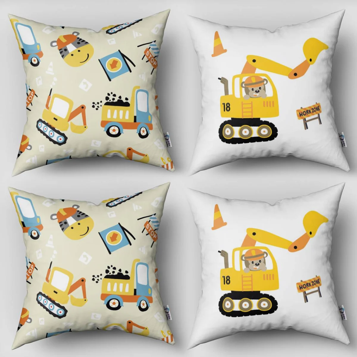 İş Makineleri ve Şantiye Hayvanları 4lü Kırlent | Beyaz iş makineleri, sevimli hayvanlar Desenli