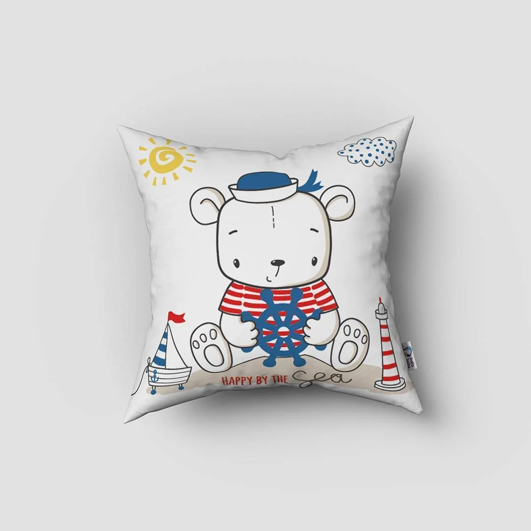 Denizci Ayı Kırlent Kılıfı | Beyaz balık, yıldız Desenli