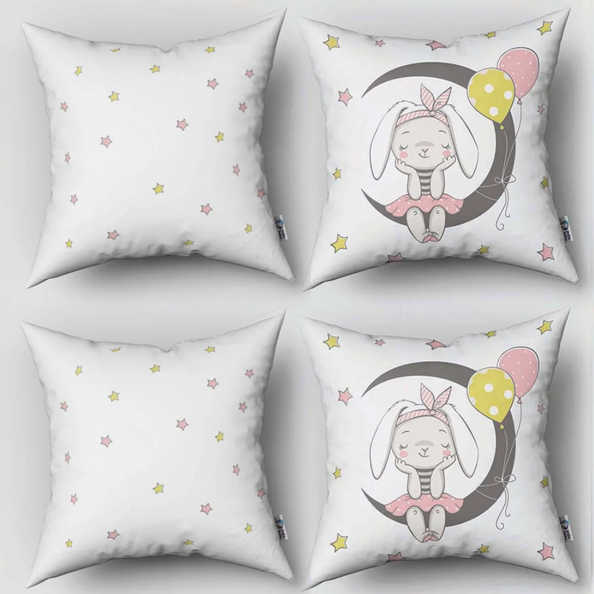 Tavşan 4lü Kırlent | Beyaz ay, yıldızlar Desenli