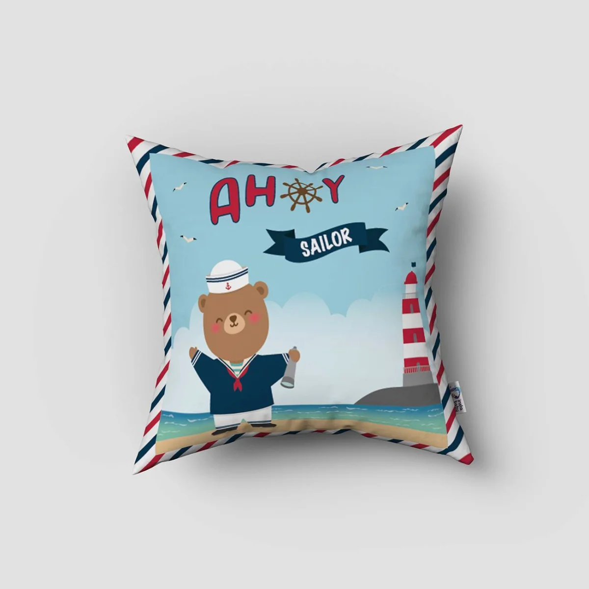 Denizcilik Kırlent Kılıfı | Açık Mavi yelkenli, martı Desenli