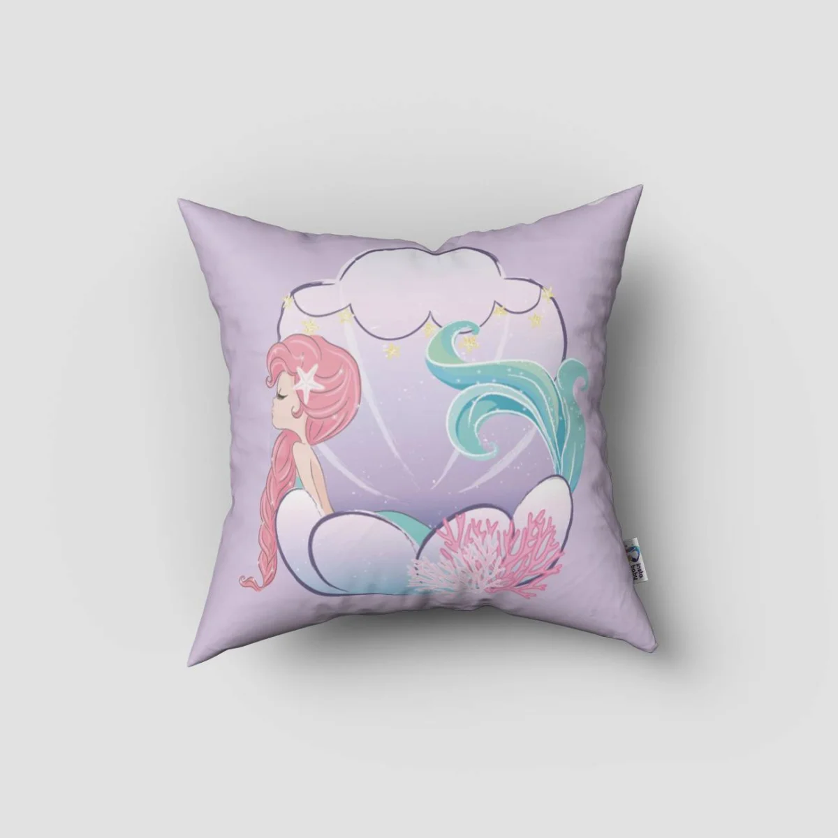 Deniz Kızı Kırlent Kılıfı | Mor deniz atı, bulut Desenli