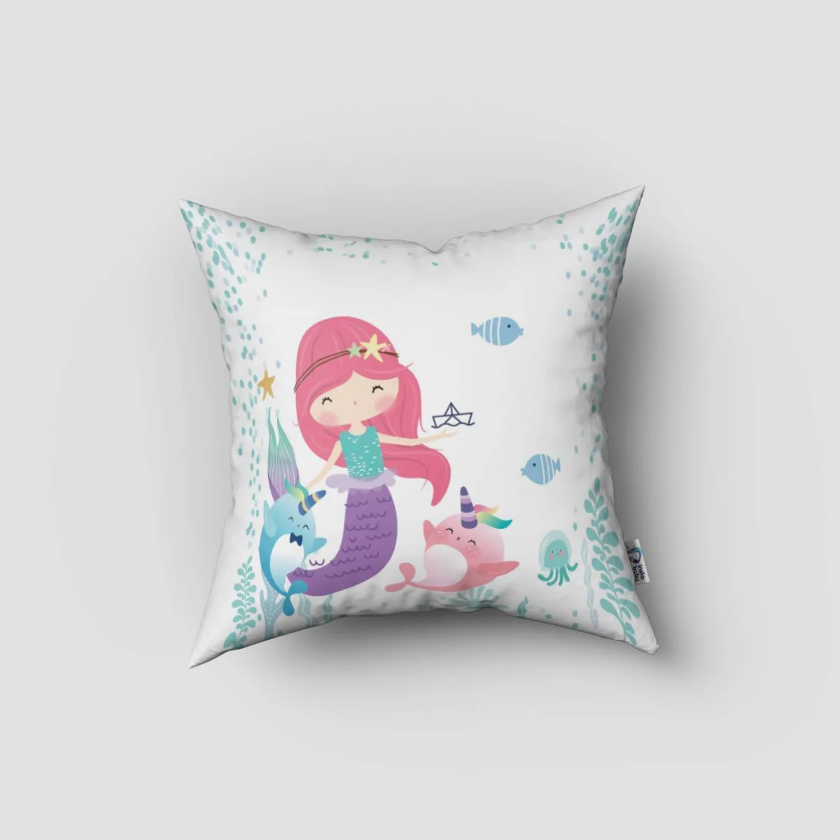 Deniz Kızı ve Deniz Altı Kırlent Kılıfı | Beyaz Deniz kızı, narval Desenli