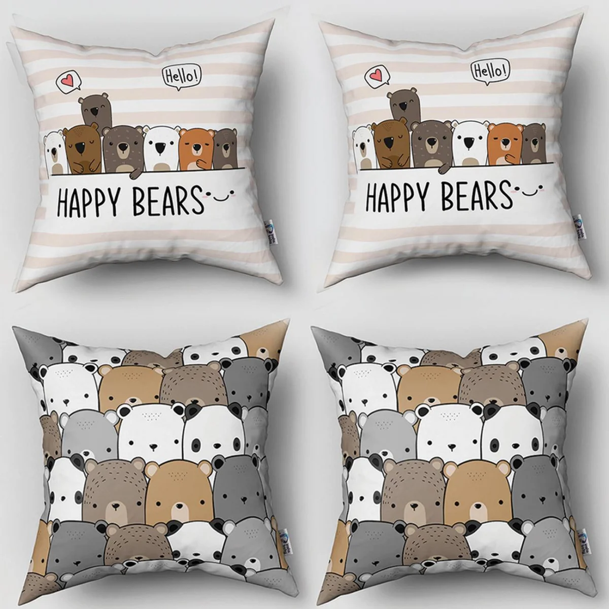 Ayılar 4lü Kırlent | Beyaz çizgili, kalpler Desenli