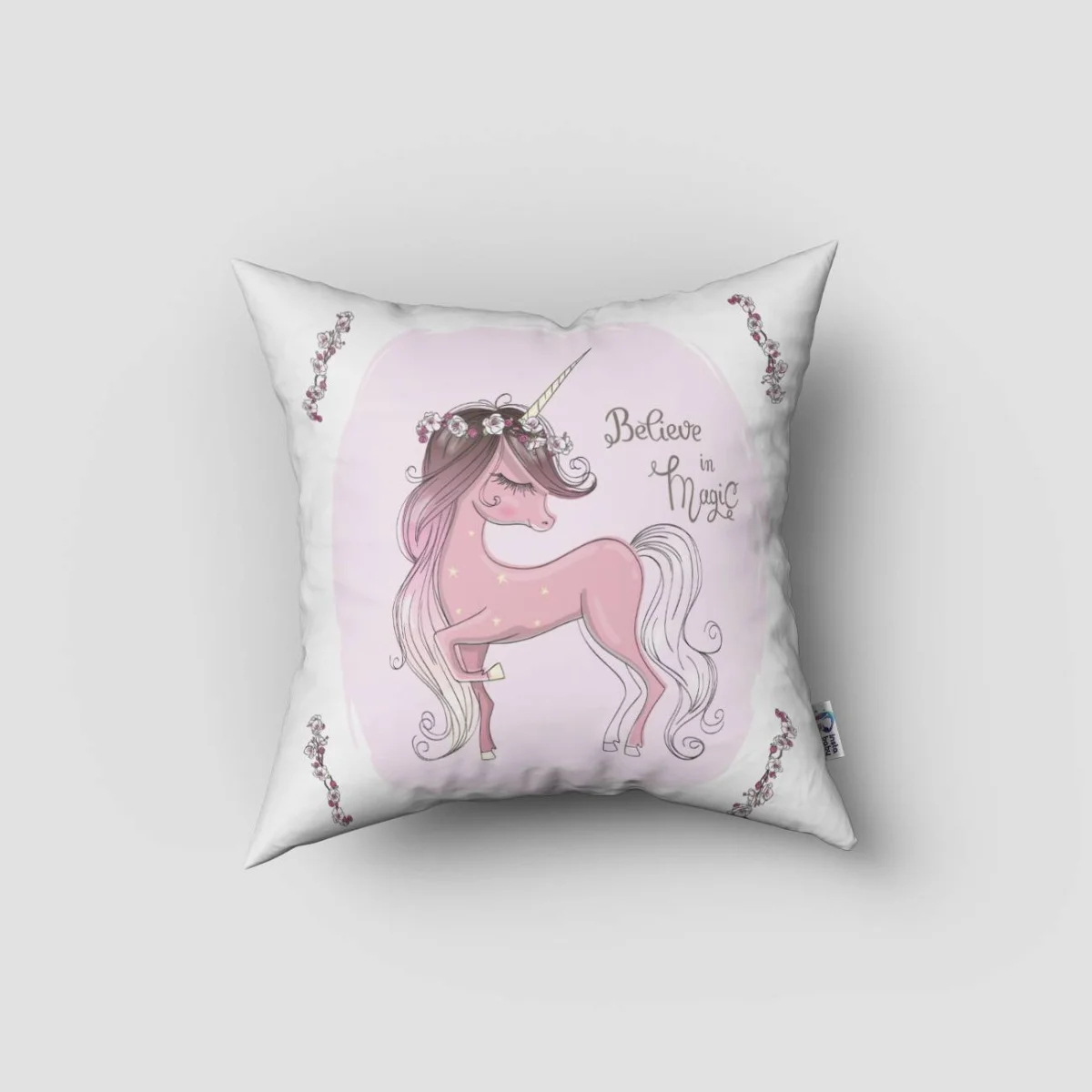 Unicorn Kırlent Kılıfı | Pembe Unicorn, çiçekler Desenli