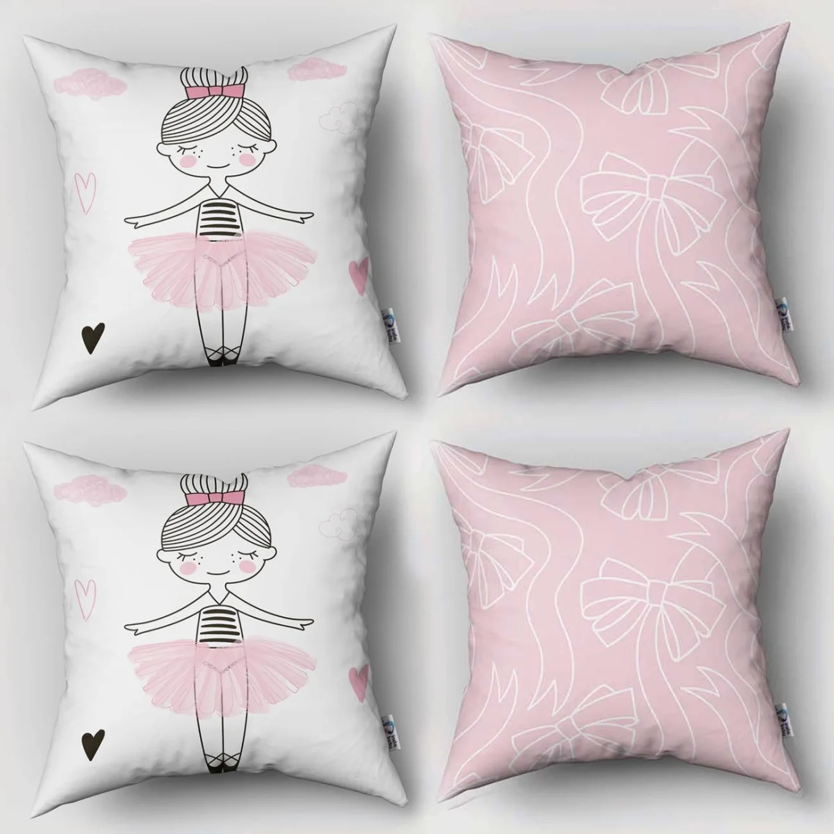 Balerinler 4lü Kırlent | Beyaz Güller, flama Desenli