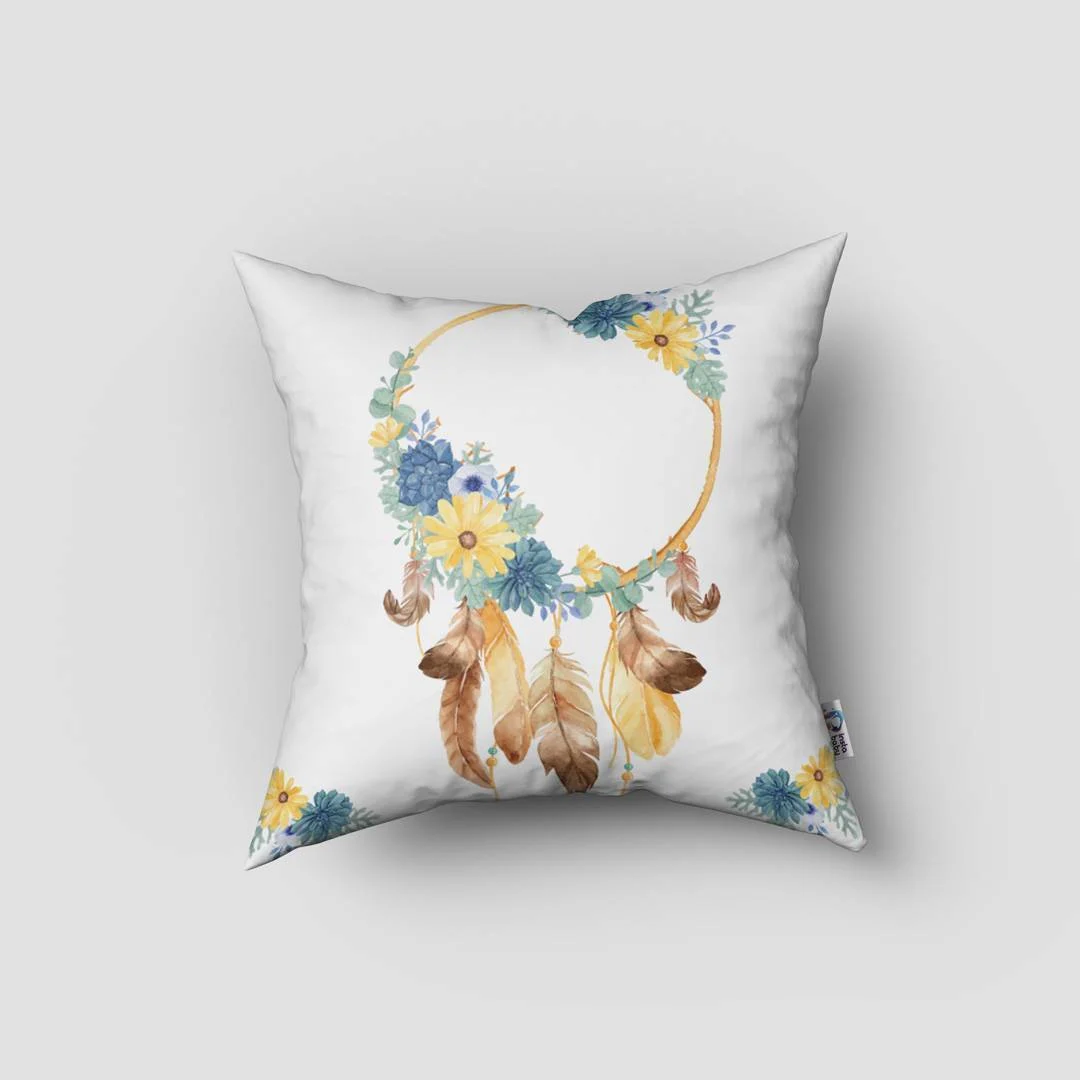 Düş kapanı, Çiçekler Kırlent Kılıfı | Beyaz sarı, mavi ve turkuaz çiçekler Desenli