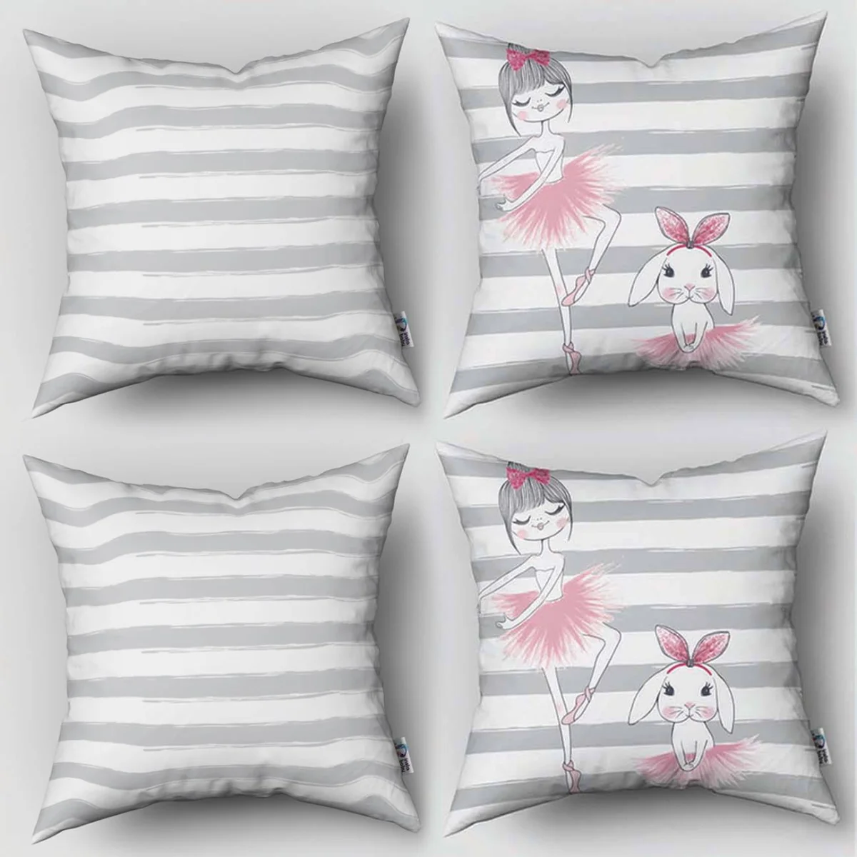 Balerin kız ve tavşan 4lü Kırlent | Beyaz Yatay gri çizgiler, pembe tütü ve kurdele Desenli