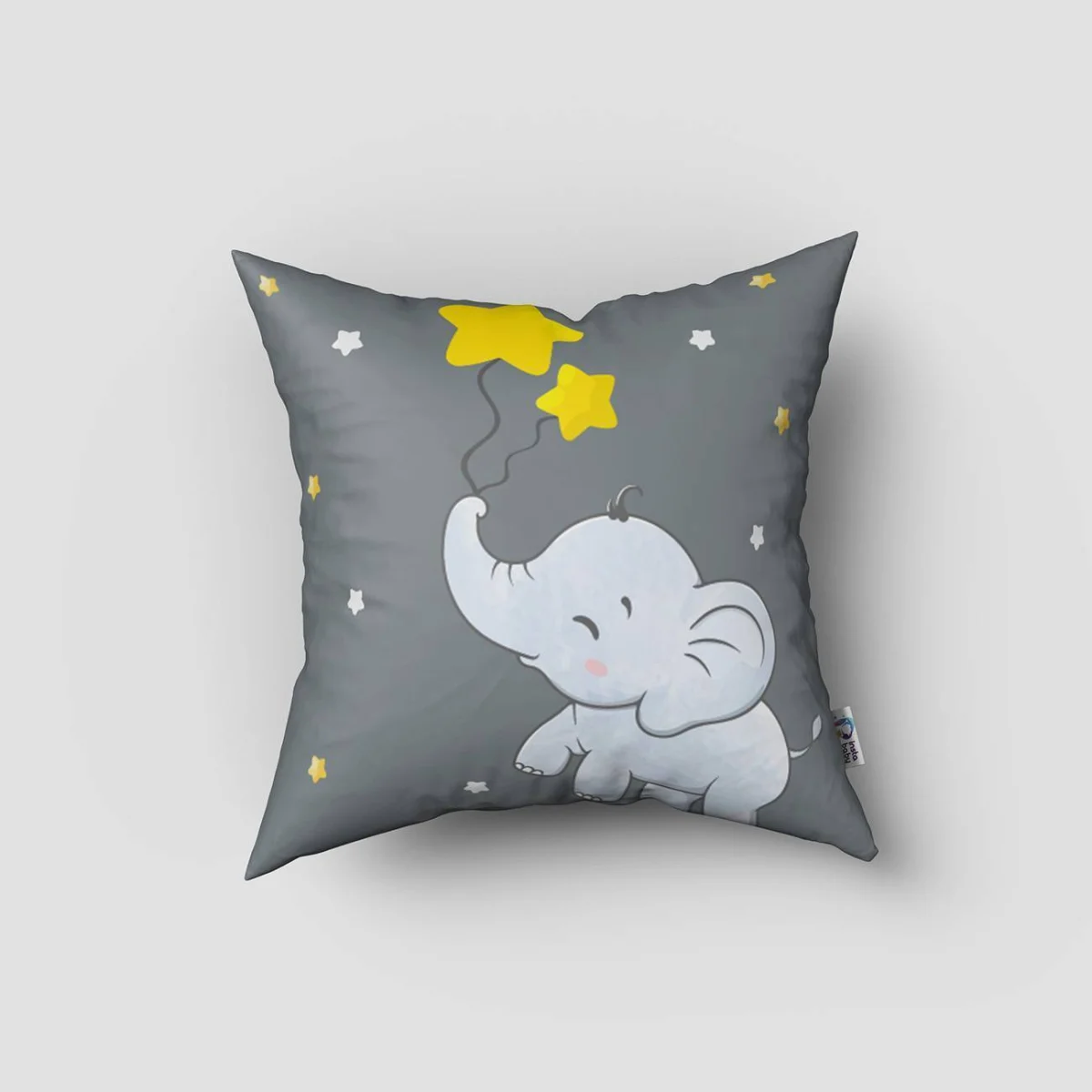 Fil Kırlent Kılıfı | Gri yıldızlar, yıldız balonlar Desenli