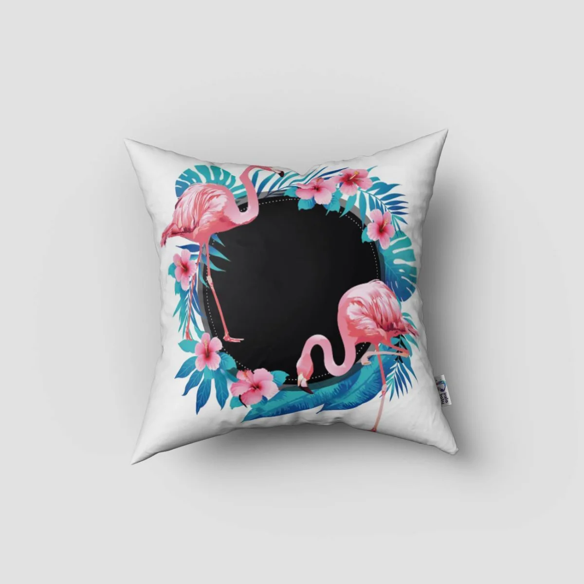 Flamingolar Kırlent Kılıfı | Beyaz Tropikal yapraklar, pembe hibiskus çiçekleri Desenli