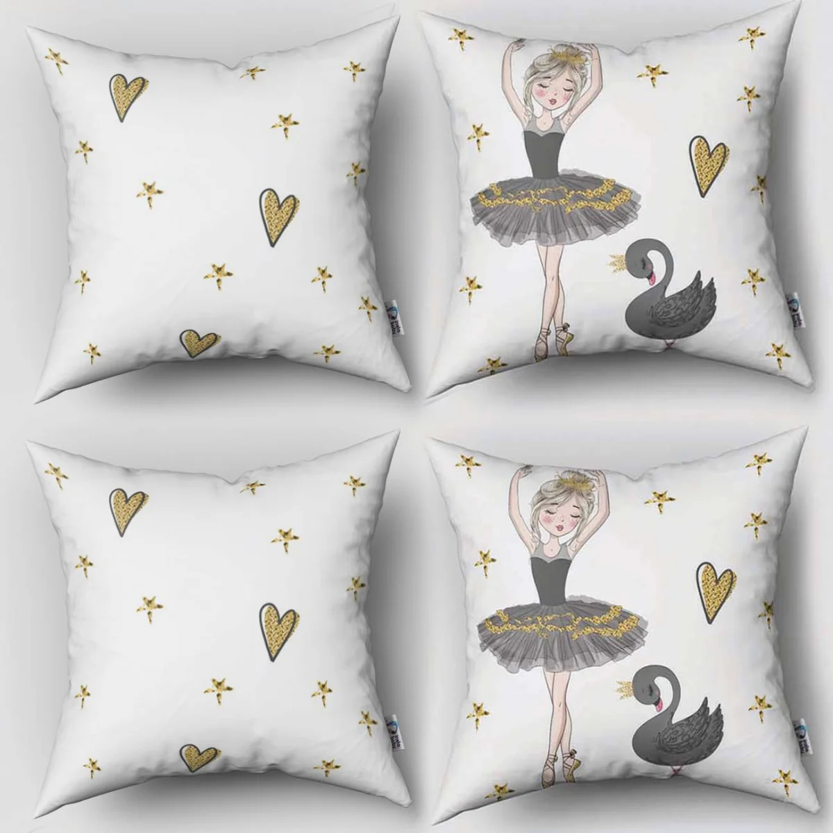 Balerin ve Kuğu 4lü Kırlent | Beyaz Altın yıldızlar, kalpler Desenli