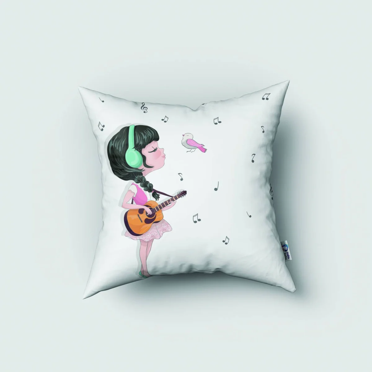 Müziksever Kız Kırlent Kılıfı | Beyaz müzik notaları, kuş Desenli