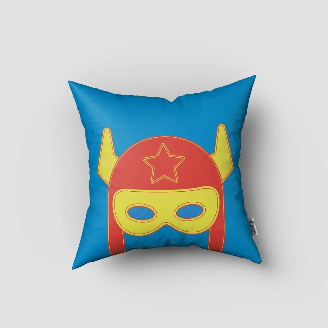 Süper Kahraman Kırlent Kılıfı | Mavi maske, yıldız Desenli