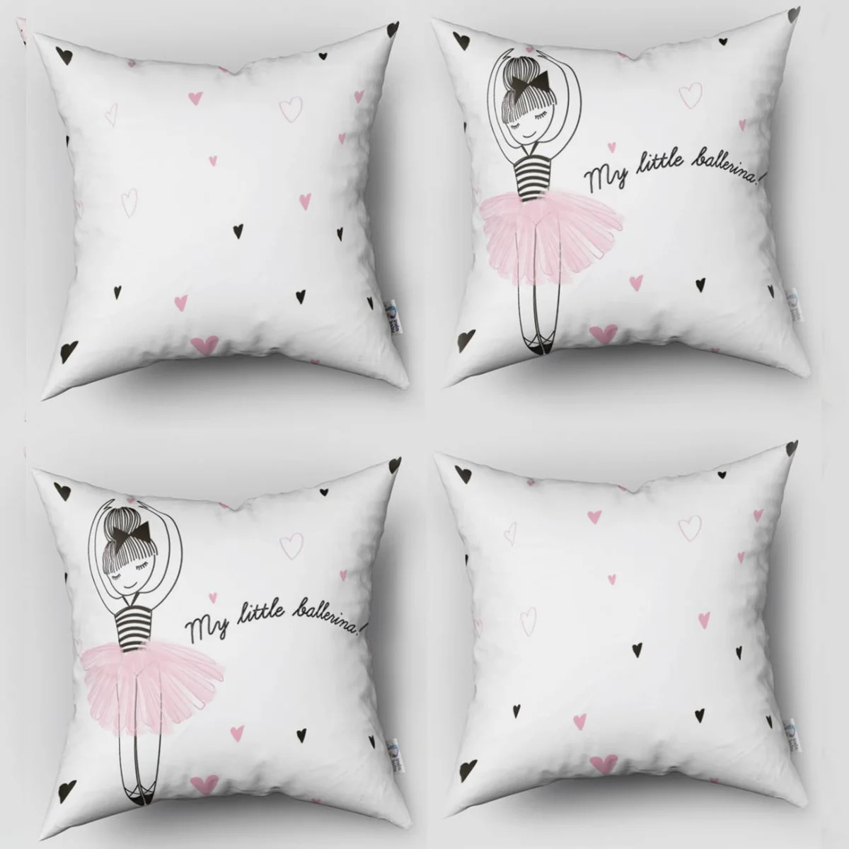 Balerin 4lü Kırlent | Beyaz Kalpler, yazı Desenli