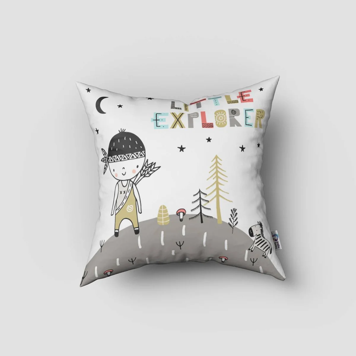 Kaşif ve Hayvanlar Kırlent Kılıfı | Beyaz yıldız, ay Desenli