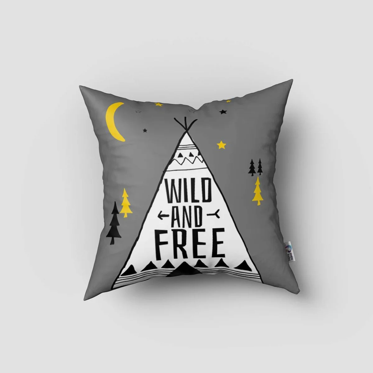 Tipi Çadırı, Doğa Kırlent Kılıfı | Gri yıldız, ay Desenli
