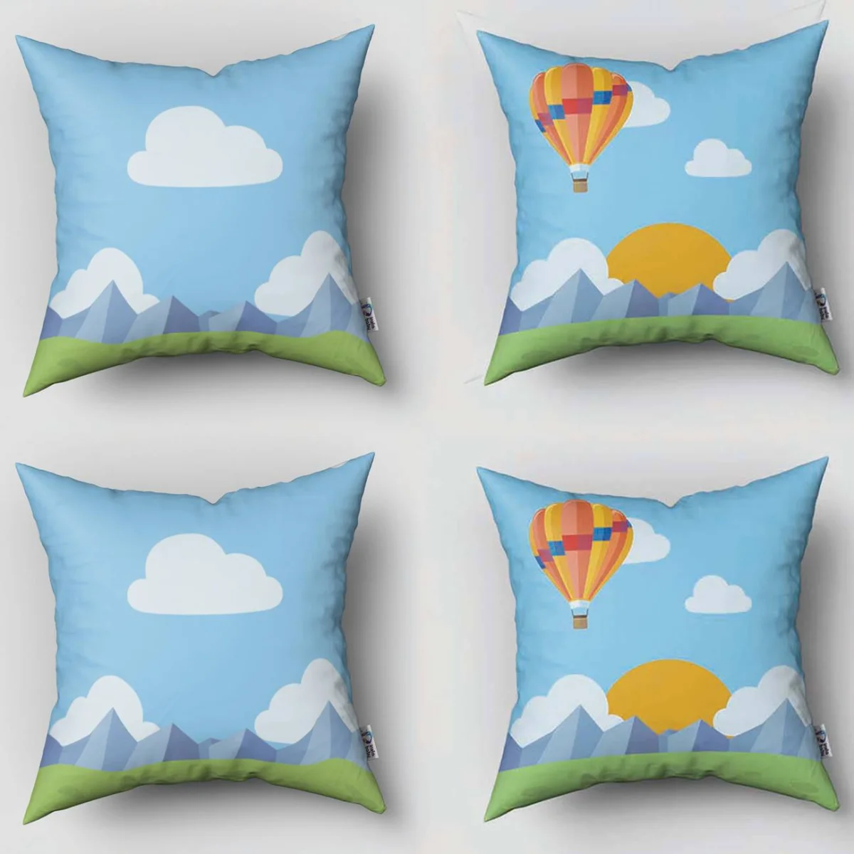 Balonlar 4lü Kırlent | Mavi bulut, dağ Desenli