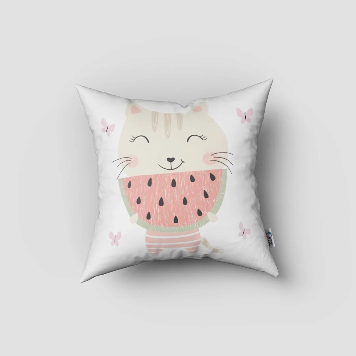 Kedi Kırlent Kılıfı | Beyaz pembe kelebekler, karpuz Desenli