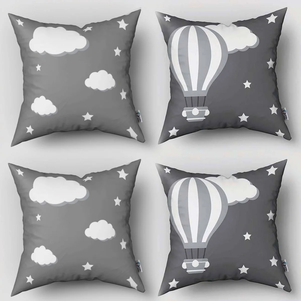 Sıcak Hava Balonları 4lü Kırlent | Gri yıldız, bulut Desenli