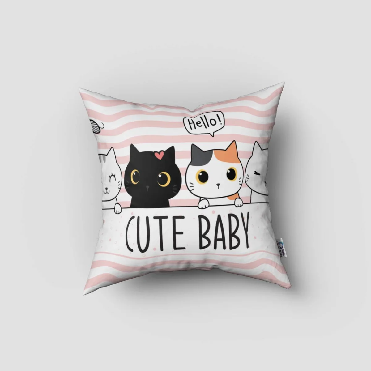 Kedi Kırlent Kılıfı | Pembe Çizgili, puantiye Desenli