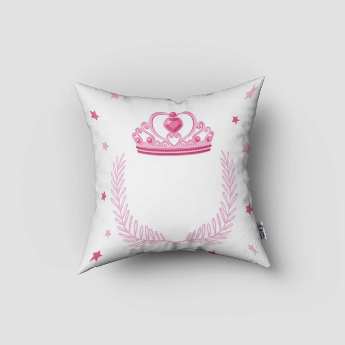 Prenses tacı Kırlent Kılıfı | Beyaz Pembe yıldızlar, yaprak desenleri Desenli