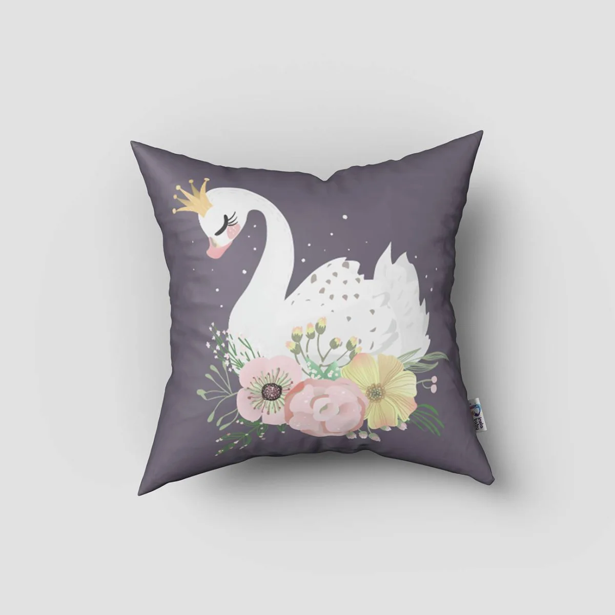 Kuğu Prenses Kırlent Kılıfı | Mor taç, çiçekler Desenli