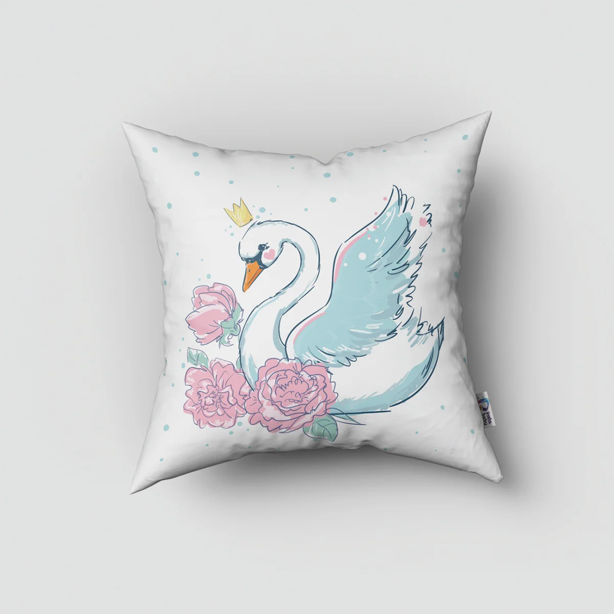 Kuğu Kırlent Kılıfı | Beyaz taç, pembe çiçekler Desenli