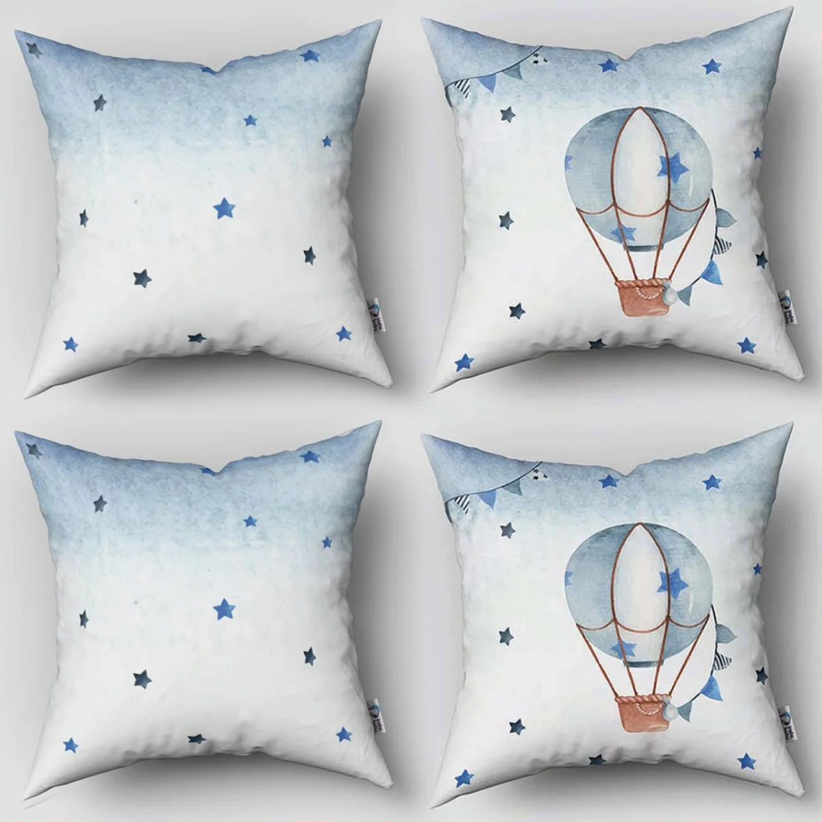 Sıcak hava balonu 4lü Kırlent | Beyaz yıldız, bulut Desenli