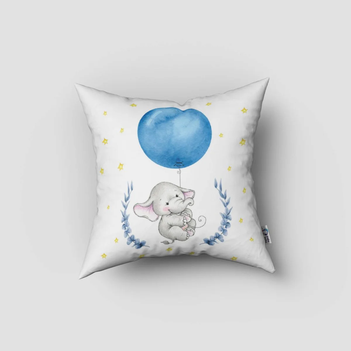 Fil Kırlent Kılıfı | Beyaz yıldız, mavi balon Desenli