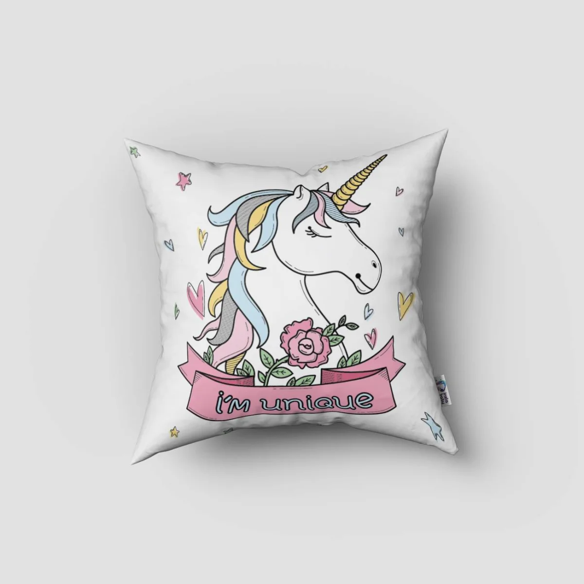 Unicorn Kırlent Kılıfı | Beyaz kalpler, yıldızlar Desenli