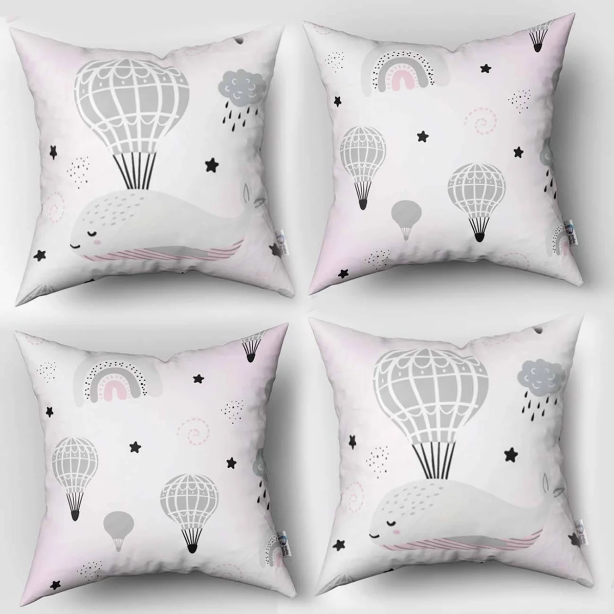 Uçan balina 4lü Kırlent | Beyaz Sıcak hava balonu, gökkuşağı Desenli