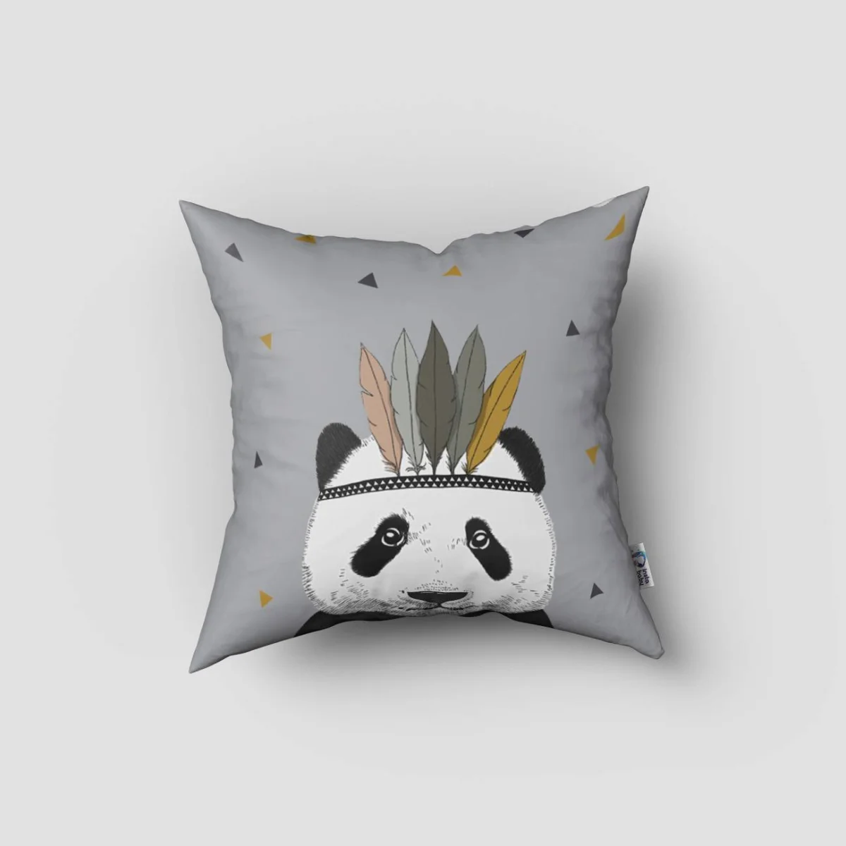 Panda Kırlent Kılıfı | Gri tüylü taç, sarı ve gri üçgenler Desenli