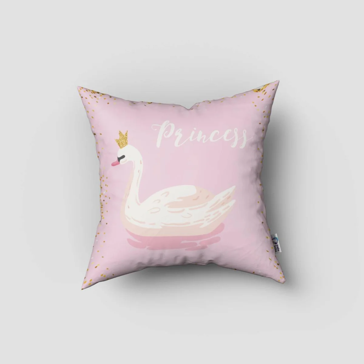 Prenses Kuğu Kırlent Kılıfı | Pembe Altın noktalar ve çiçekler Desenli