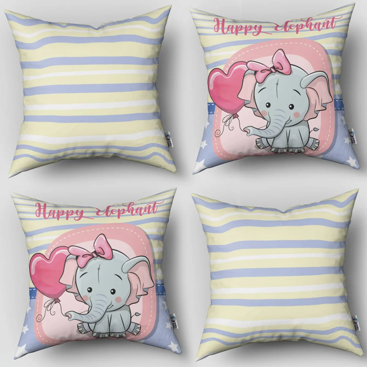 Fil 4lü Kırlent | Mavi yıldız, şerit Desenli