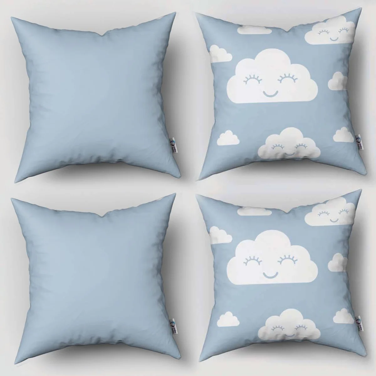 Bulutlar 4lü Kırlent | Mavi Gülümseyen yüzlü beyaz bulutlar Desenli