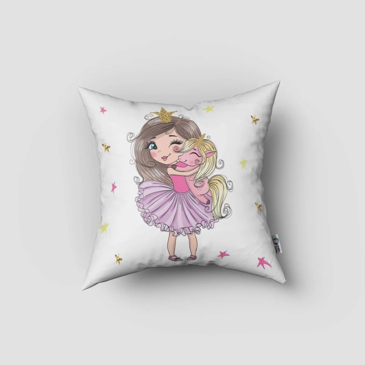 Prenses ve Unicorn Kırlent Kılıfı | Beyaz yıldızlar, taçlar Desenli