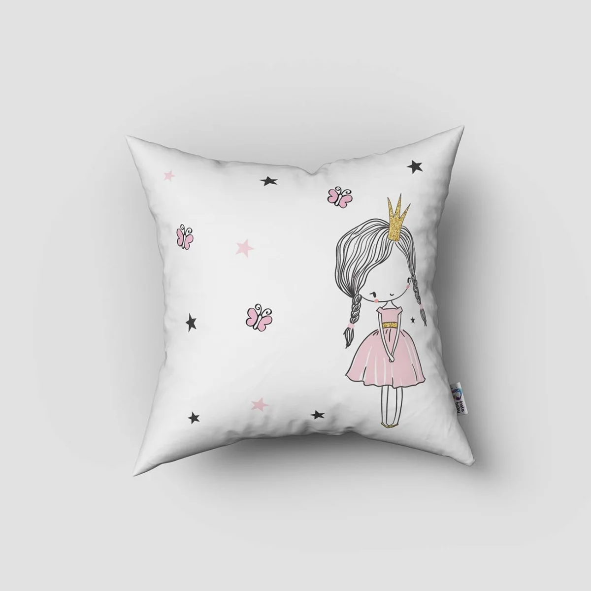 Prenses Kız Kırlent Kılıfı | Beyaz yıldızlar, bulut Desenli