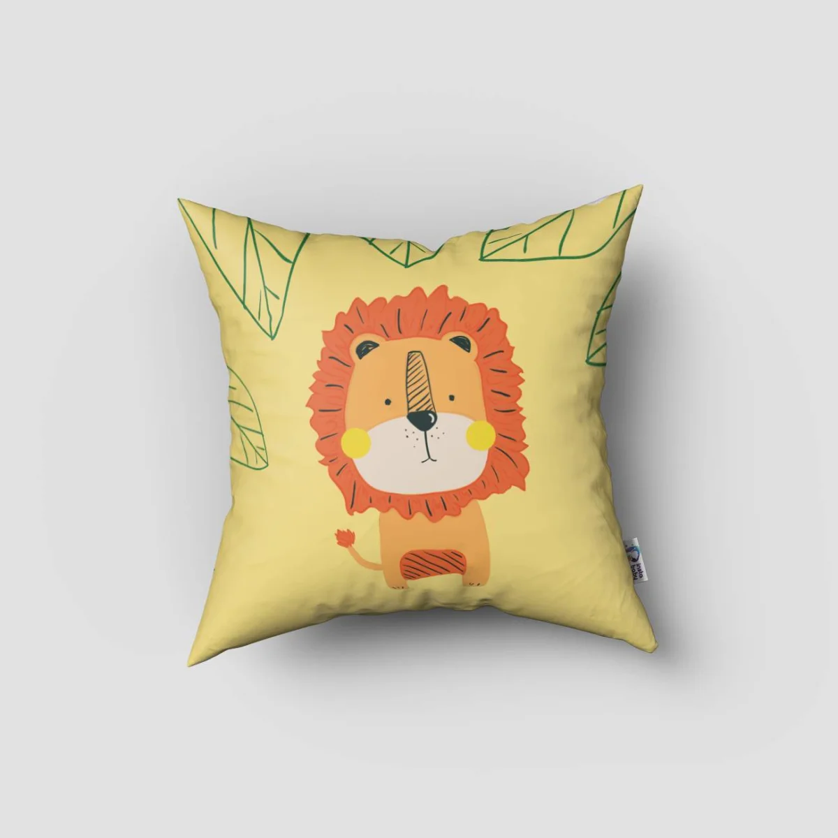 Aslan Kırlent Kılıfı | Sarı yeşil yapraklar, küçük bitki figürleri Desenli