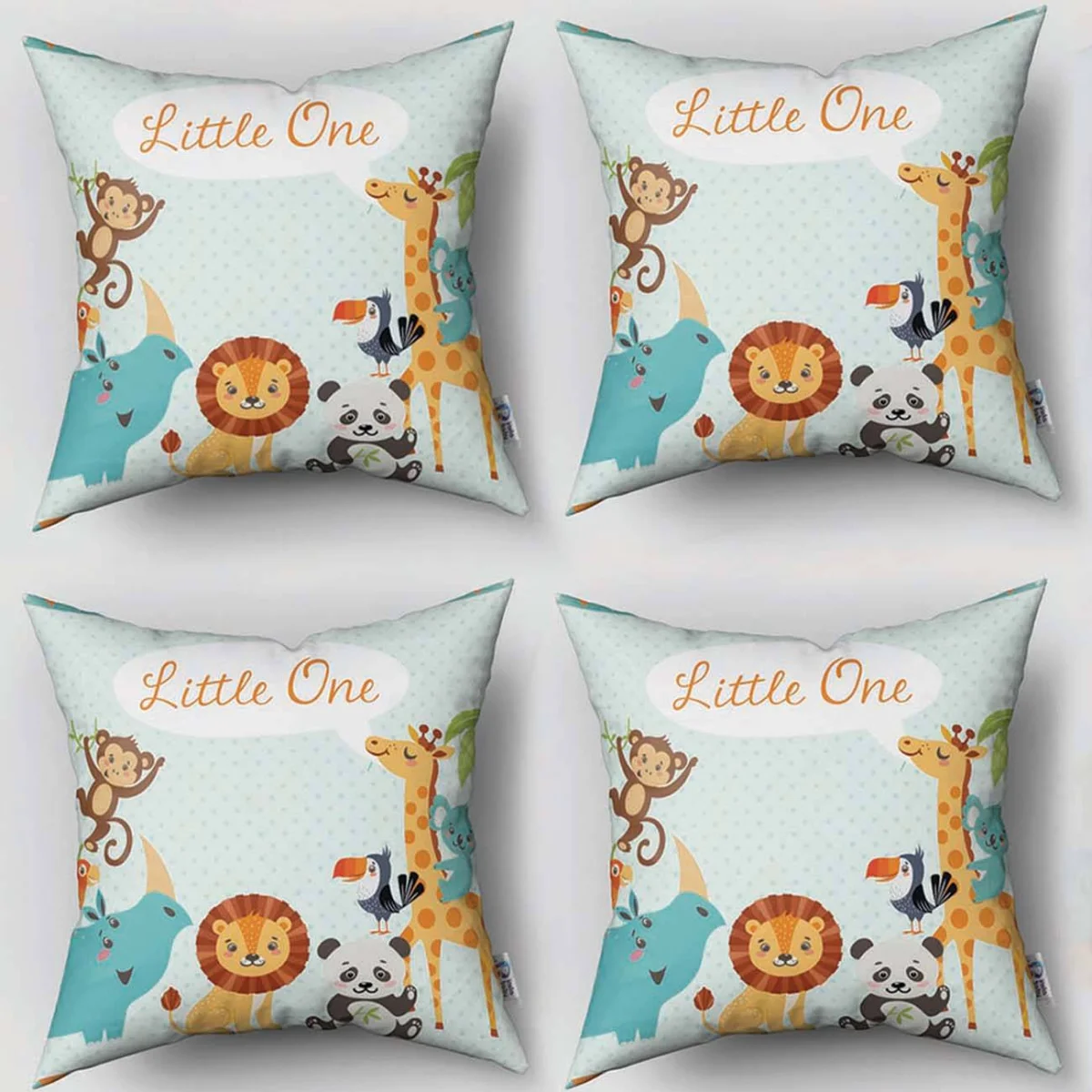 Orman Hayvanları 4lü Kırlent | Açık Mavi Küçük puantiyeler, konuşma balonları Desenli