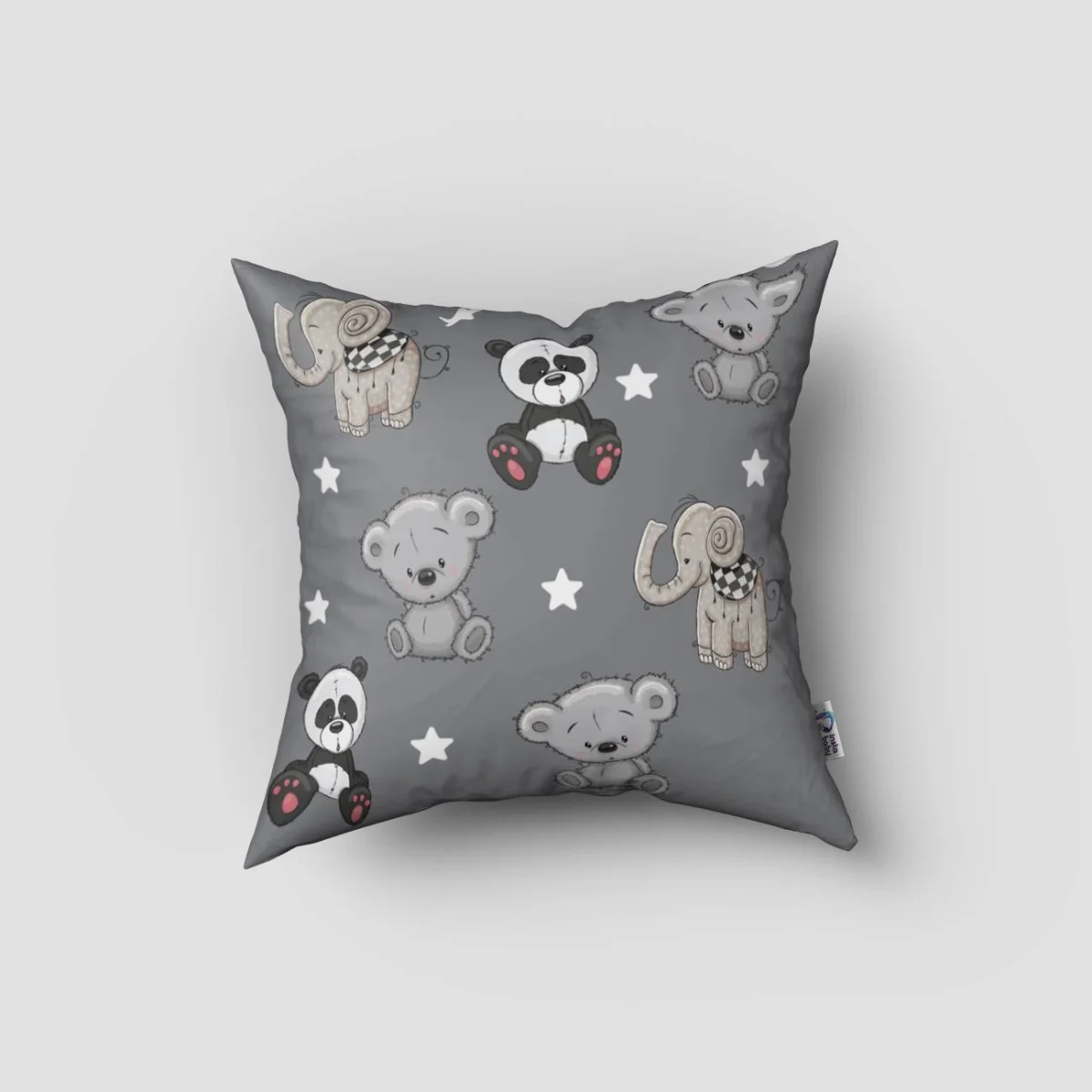 Sevimli Hayvanlar Kırlent Kılıfı | Gri yıldız, seksek oyunu Desenli