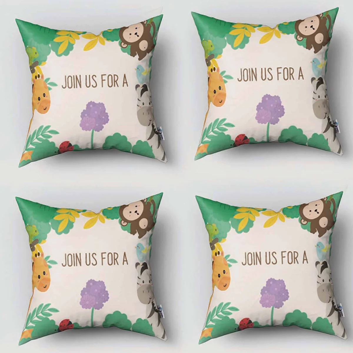 Orman Hayvanları 4lü Kırlent | Krem Yapraklar, çiçekler Desenli