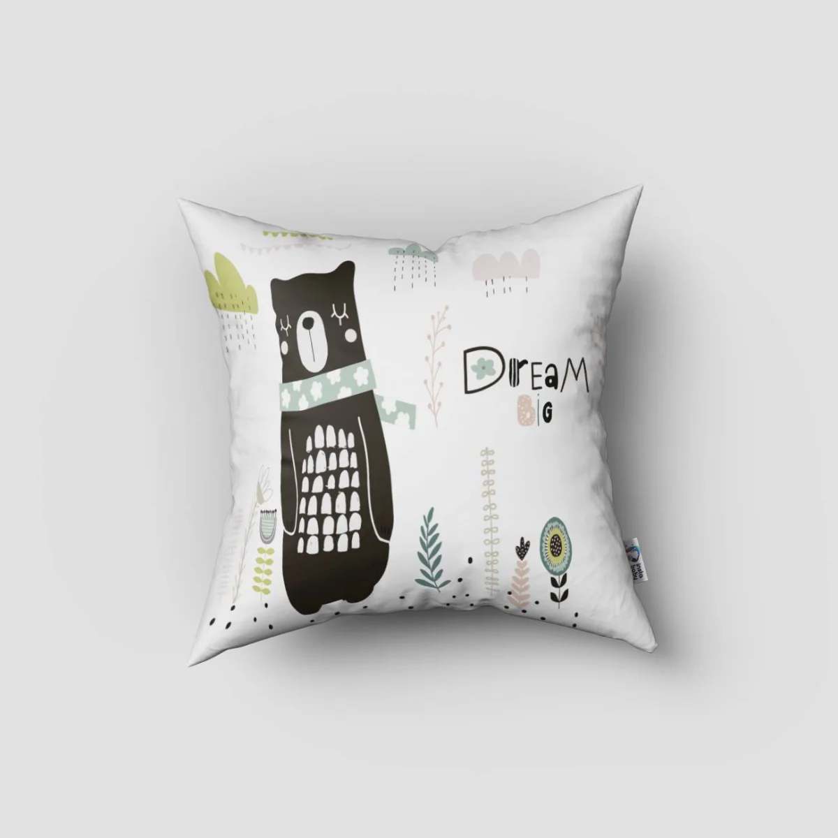 Ayı Kırlent Kılıfı | Beyaz Bulutlar, yapraklar Desenli